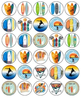 Surfing Edible Cupcake Toppers Wafer Birthday Cake Surf Decorations (2 Sizes) - Image 1 of 4