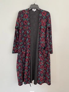LuLaRoe Sarah Size S Purple Black Print Long Duster Knit Cardigan With Pockets - Picture 1 of 8