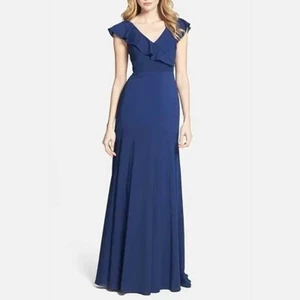 Jenny Yoo Collection navy blue crepe de chine gown ruffle maxi dress bridesmaid - Picture 1 of 10