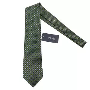 Drake's NWT Neck Tie in Green with Blue/Yellow/White Geometric Pattern 100% Silk - Picture 1 of 9