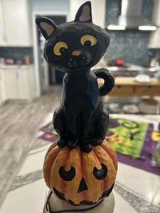 Halloween schwarze Katze Kürbis auf Sockel Figur Statue 14" Neu - Bild 1 von 5