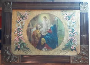 Antica rara icona capoletto Sacra Famiglia Madonna Maria Gesù San Giuseppe fiori - Foto 1 di 8