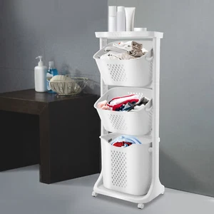 Laundry Basket Clothes Washing Storage Hamper Bin Wheeled Removable 3 Tier Shelf - Picture 1 of 21