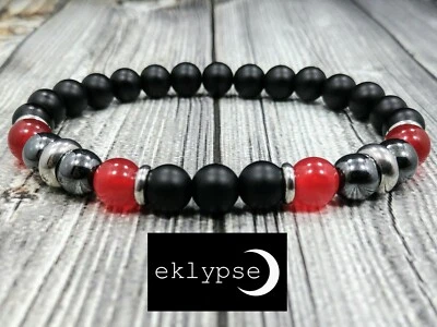 8"L Stainless Steel 8mm Red Jade+Onyx+Hematite Gemstone Beaded Men's Bracelet - Image 1 of 4