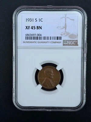 1931 S Wheat Cent in NGC XF 45 Brown, Semi Key Date, Low Mintage Coin - Image 1 of 4