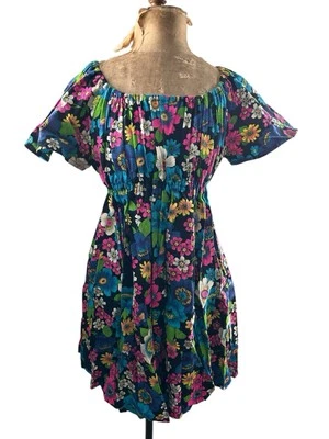 Mini Vestido Vintage Años 60 70 Mod Flor Hawaiano Brillante Tela de Corteza S Aloha Foto 1 de 4