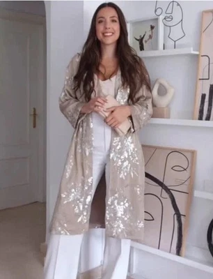 Zara Sequin Floral Satin Kimono Coat Beige Silver Size XS-S 3162/850 New - Image 1 of 4