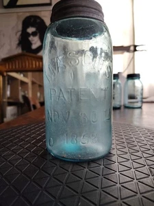 Aqua #34 Mason's Jar Quart pat1858 Boyd's Porcelain Lined Zinc Cap Blue Glass - Picture 1 of 24