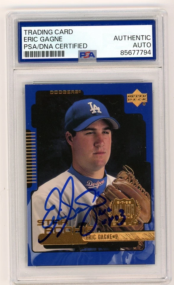 Eric Gagne firmado automático 1999 cubierta superior radiocontrol con losa PSA Cy Young Dodgers Foto 1 de 2