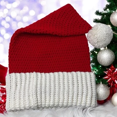 Sombrero de Papá Noel tejido a mano adulto L XL rojo blanco vacaciones Navidad medias sombrero casero Foto 1 de 4