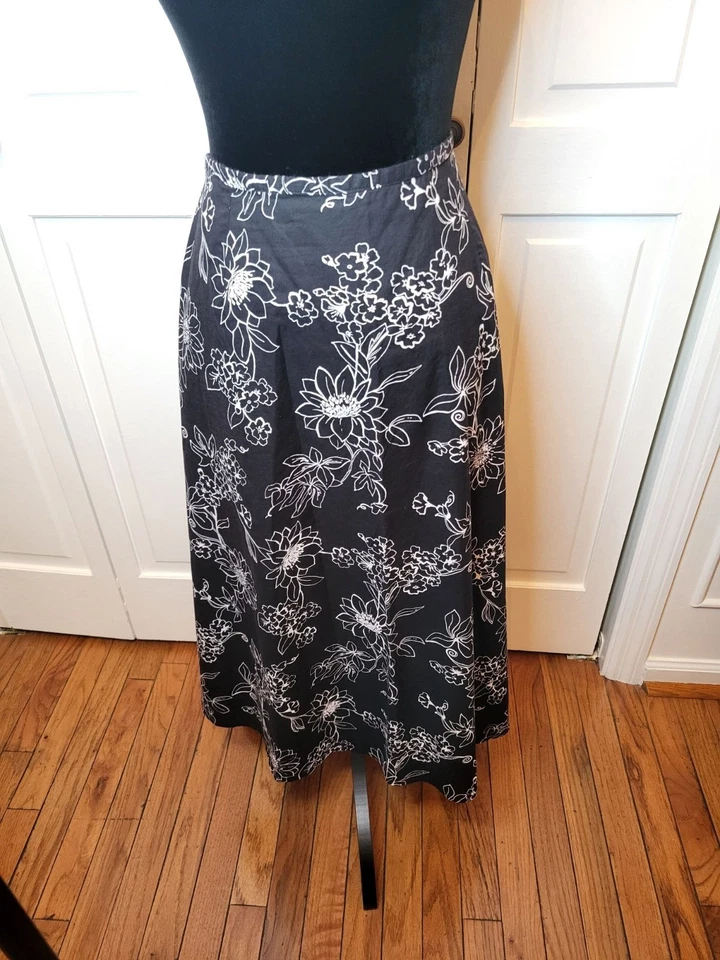 Sag Harbor Black/White Floral A-Line Midi Skirt sz 16 Whimsygoth Cottage Boho — 第 1/4 张图片