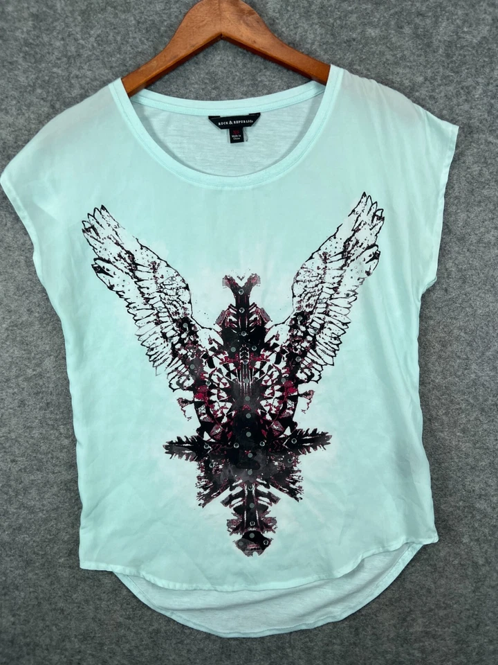 Camisa Top Blusa Manga Corta Rock & Republic Mujer XS Azul Alas Estrás Foto 1 de 4