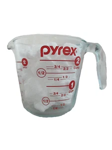 Misurino vintage retrò PYREX manico aperto liquido 2 tazze scritta rossa - Foto 1 di 4
