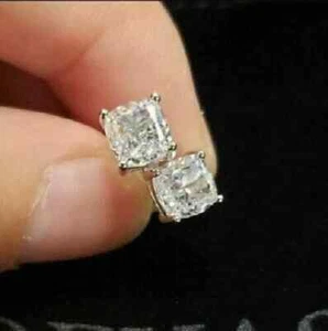 2Ct Cushion Cut Lab-Created Diamond Push Back Stud Earring 14KWhite Gold Finish - Picture 1 of 5