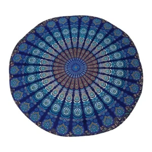 Round Size Peacock Mandala Blue Green Color printed Tapestry Hippie Wall Hanging - Picture 1 of 1
