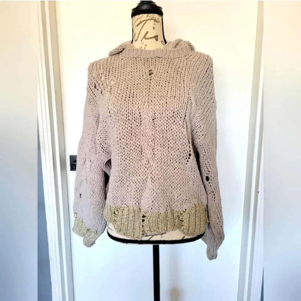 Anthropologie Moth Made in Italy Open Chunky Knit Distressed Hooded Sweater  XS - Image 1 of 4