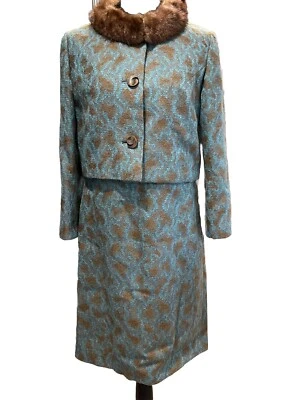 Vestido y chaqueta vintage años 60 mangas brocado con ribete de piel verde azulado y marrón talla: pequeña Foto 1 de 4