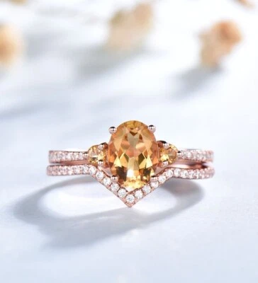 Vintage Oval Cut Natural Citrine Rose Gold Plated Silver Bridal Wedding Ring Set Foto 1 de 4