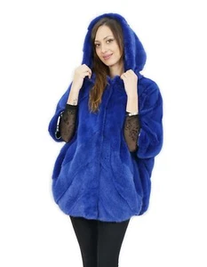 Fur cape 52 light blue mink transverse with long sleeves and hood hook closure - Picture 1 of 6