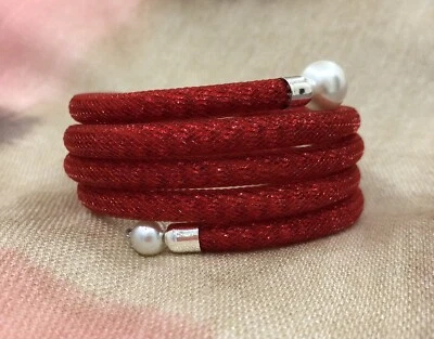 Gift. Handmade Red Shinny Nylon Mesh Tubing Bracelet, White Pearl - Jewellery - Image 1 of 4