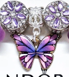 PURPLE ENAMEL BUTTERFLY SILVER BAIL EUROPEAN BRACELET CHARM BEAD & POUCH! - Picture 1 of 3