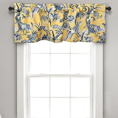 Light Filtering Valance with Bird and Floral Toile Print Bold Yellow and Blue - Image 1 of 4