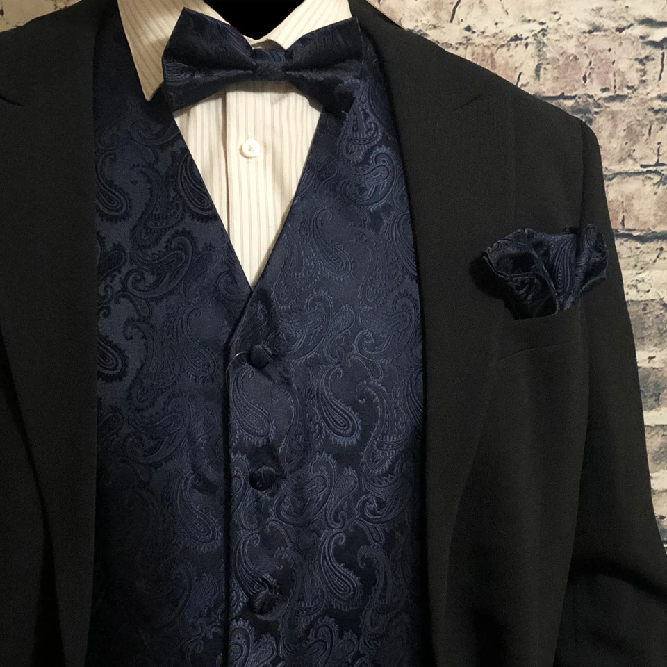 Navy Blue Paisley Vest Waistcoat & Bow tie Hanky Formal Wedding Prom Tuxedo Suit - Image 1 of 4
