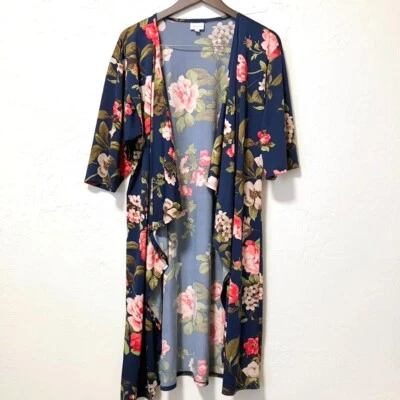 LuLaRoe Mediano Floral Kimono Plumero Azul Marino Boho Capas Ligero EE. UU. Resort Foto 1 de 4