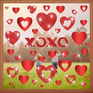 Quera Glitter Valentine's Day Window Clings Stickers XOXO Double-Sided Red - Picture 1 of 7
