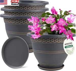 10 Inch 4 Pack Large Plant Pots, Plastic Flower Pot for Indoor & Outdoor with Dr - Picture 1 of 14