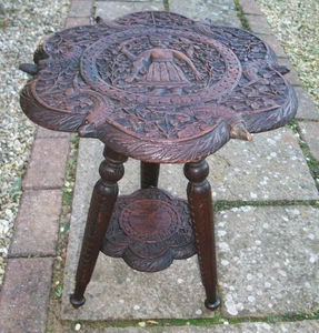 ANTIQUE INDIAN /BURMESE 2 TIERED TRIPOD CARVED SIDE TABLE 19 c - Picture 1 of 5