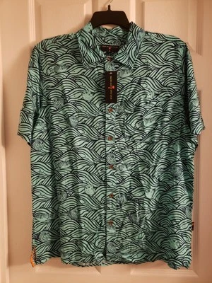 Camisa mediana Margaritaville para hombre pez globo ondas de peces azul verdoso con botones Foto 1 de 4