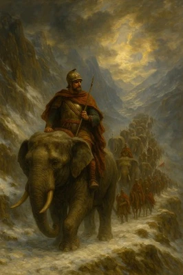 Aníbal conduce elefantes de guerra a través de los Alpes: comando épico, realismo de museo. Foto 1 de 3