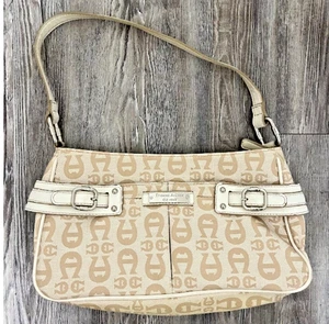 Etienne Aigner Hobo Bag Cream Beige Logo Print One Strap Zip Closure Classic - Picture 1 of 7