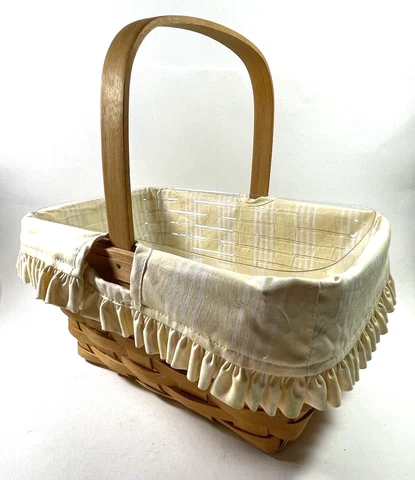 Vintage Longaberger Handwoven Market Basket Yellow Spring Fabric & Plastic Liner Cover