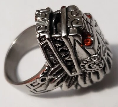Aztec Mayan Chicano Biker Lowrider Quetzalcoatl Ring red jewel eyes Indigenous - Image 1 of 4