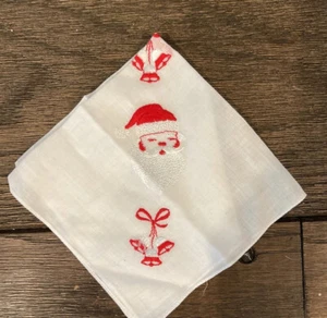 Vintage besticktes Weihnachtsmann & Glocke Taschentuch 12x12 - Bild 1 von 4