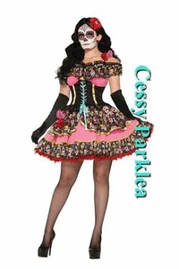 X-F3-5 Mexican Day Of The Dead Skull Spanish Dress Up Senorita Halloween Costume - Picture 1 of 1