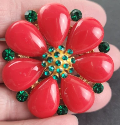 Red  Flower Brooch with Green Rhinestones - Image 1 of 4