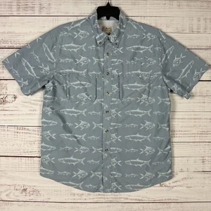 LL Bean Shirt Mens Large Button Down Vented Blue Fish Graphic Outdoors Short Sle - Picture 1 of 10