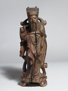 Antique Chinese wooden statuette of old sage - (#wise, man, figurine, china)