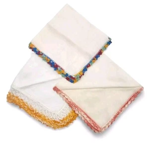 Vintage Hankie Handkerchief Lot Crocheted Edge Yellow Pink Rainbow Set Of 3 - Picture 1 of 10
