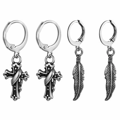 2pcs Women Men Stainless Steel Feather Cross Drop Dangle Hoop Huggie Earrings - Image 1 of 4