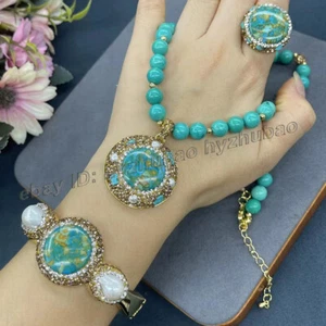 Collar pulsera colgante con incrustaciones de gemas turquesa redondas de perlas barrocas blancas - Imagen 1 de 9