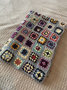 Hand Stitched Vintage Granny Square Crochet Afgan Lap Blanket Multi 47" x 70"