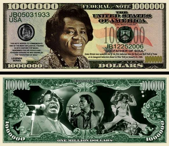 James Brown Million Dollar Bill Play Funny Money Novelty Note + FREE SLEEVE