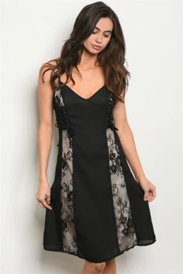 Vestido corsé superpuesto de encaje negro talla pequeña correa de espagueti  Foto 1 de 2