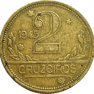 1945 Brazil 2 Cruzeiro Coin KM 559 Lot C5-38 Brasil Map - Picture 1 of 4