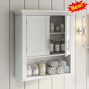 2-Door Bathroom Storage Wall Cabinet W/1 Open Shelf & 2 Interior Shelves White - Picture 1 of 5