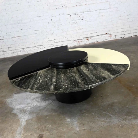 Postmodern Rotating Coffee Table Black White Faux Marble after Dakota Jackson Cover